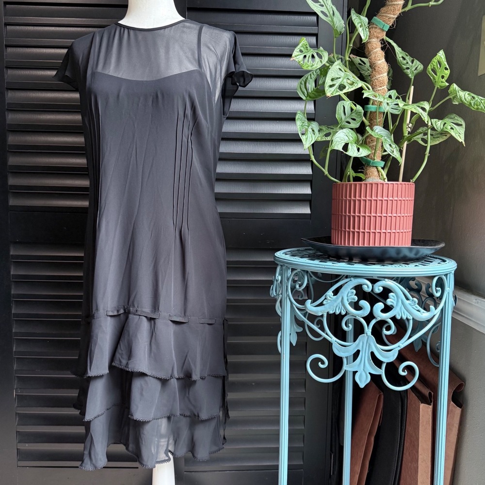 Sheer Black Midi Dress with Flutter Sleeve Slip Ruffle Ribbon Liz Claiborne 12P